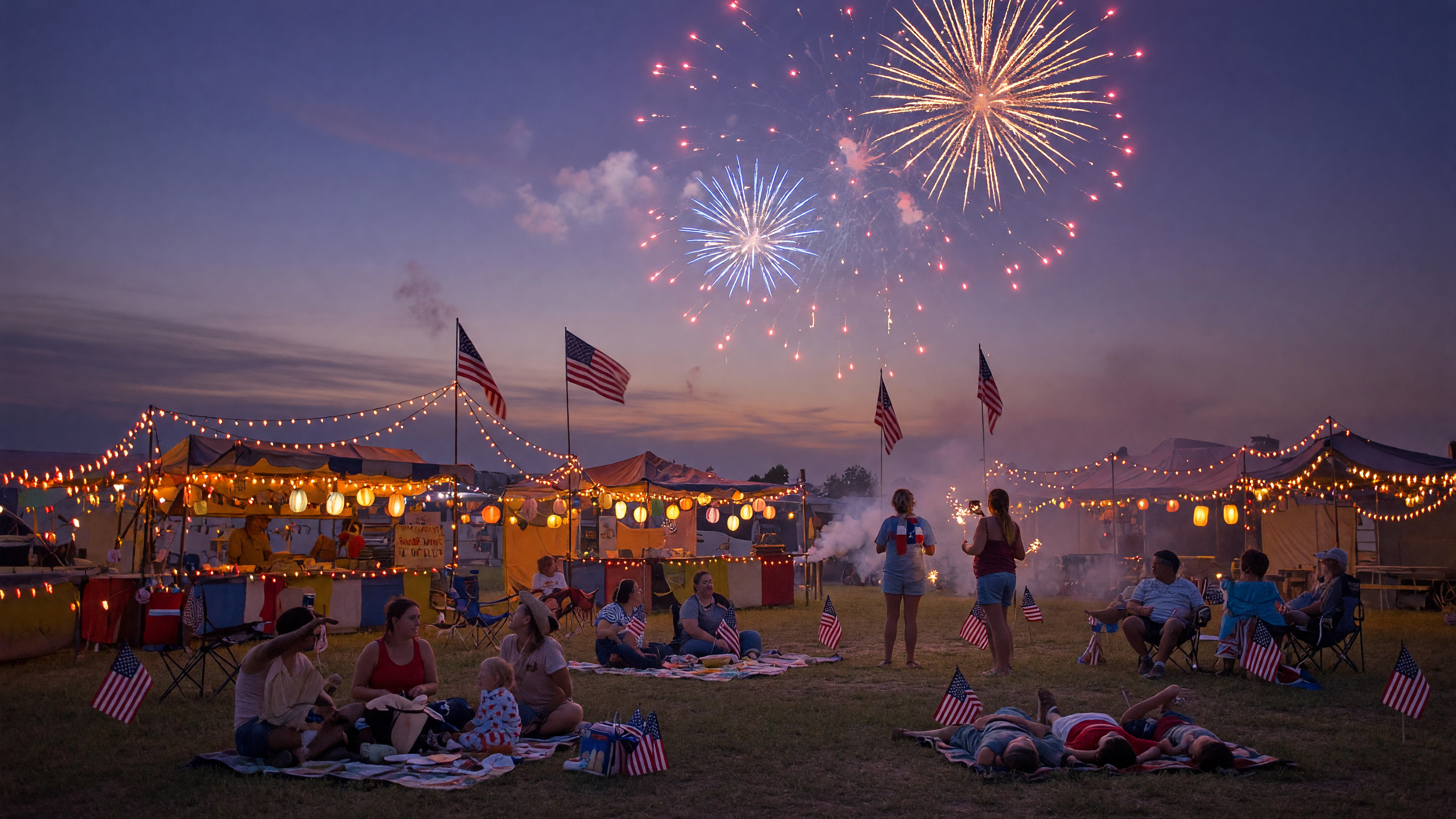 A festive Fourth of July celebration at a small Texas town fairground with fireworks and families
