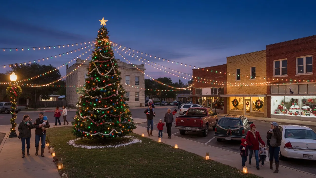 A festive small-town Texas Christmas scene at dusk with a decorated tree, holiday lights, and families on a courthouse square