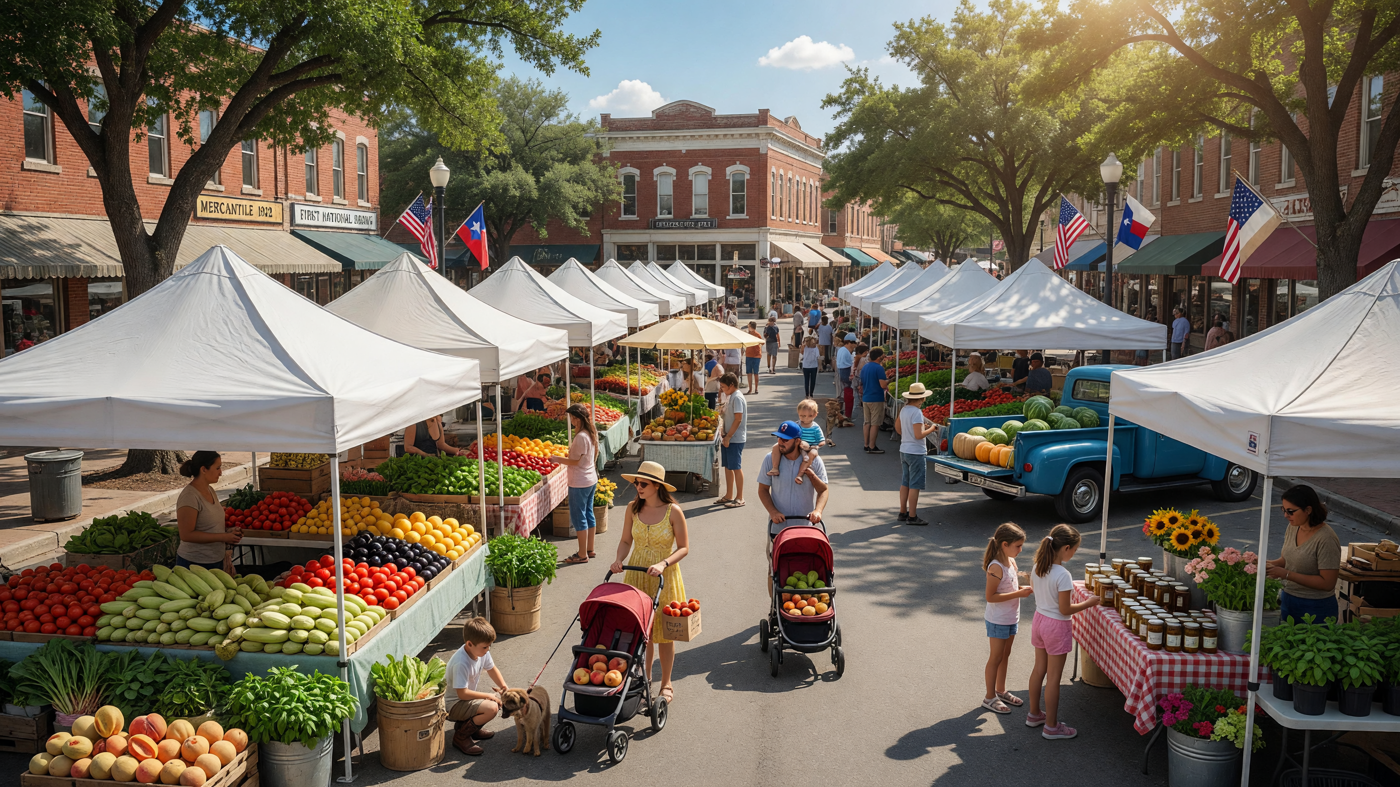 Small-town farmers market with white tents and families along a tree-lined street