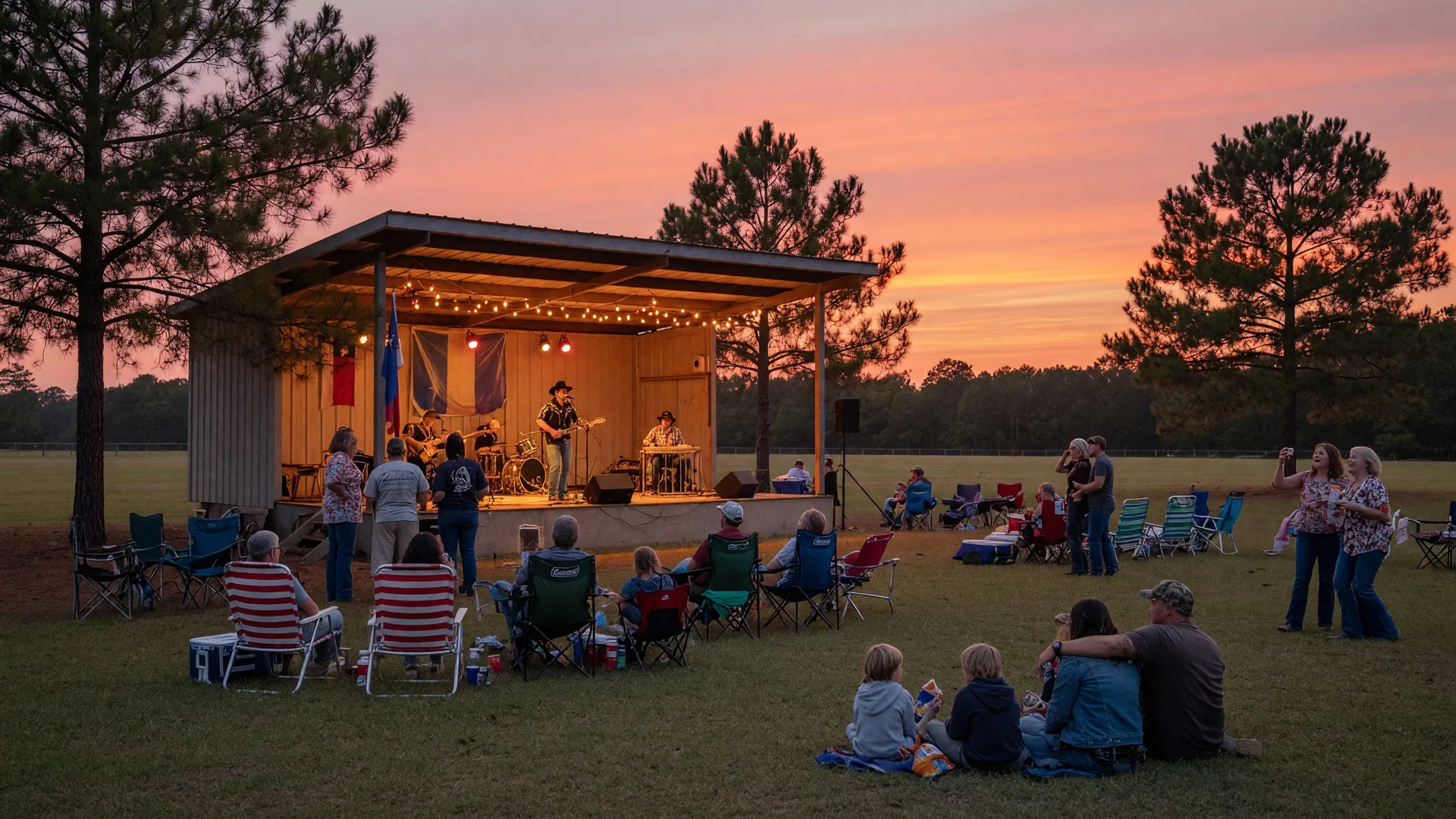 An outdoor country music concert at dusk with a lit stage, lawn chairs, and families enjoying live music on a grassy field
