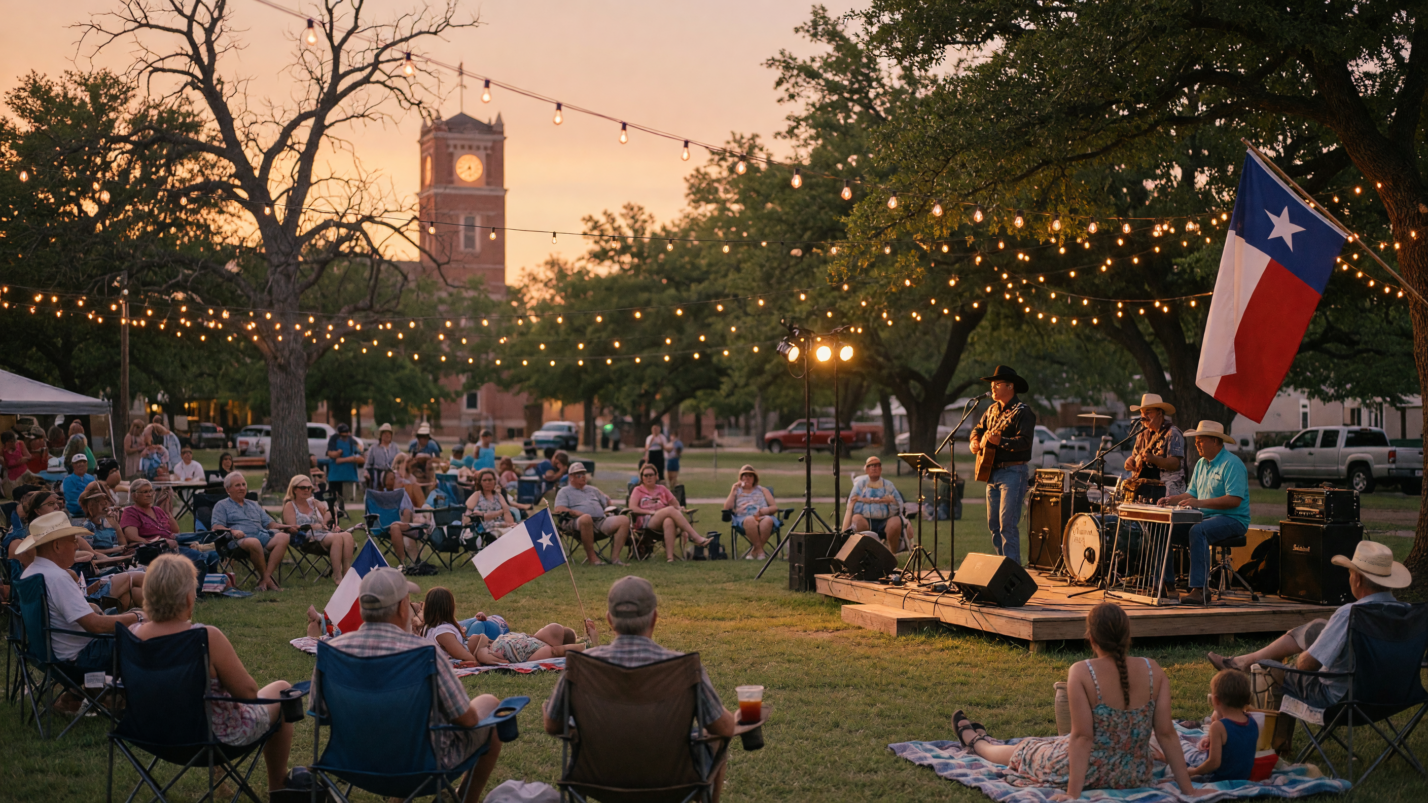 Outdoor evening concert in a small Texas town with string lights and a crowd