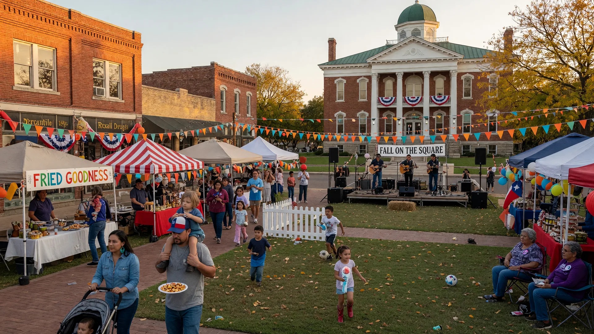 A vibrant small-town Texas community festival on a courthouse square with vendor booths, families, bunting, and a live music stage under warm autumn sunlight