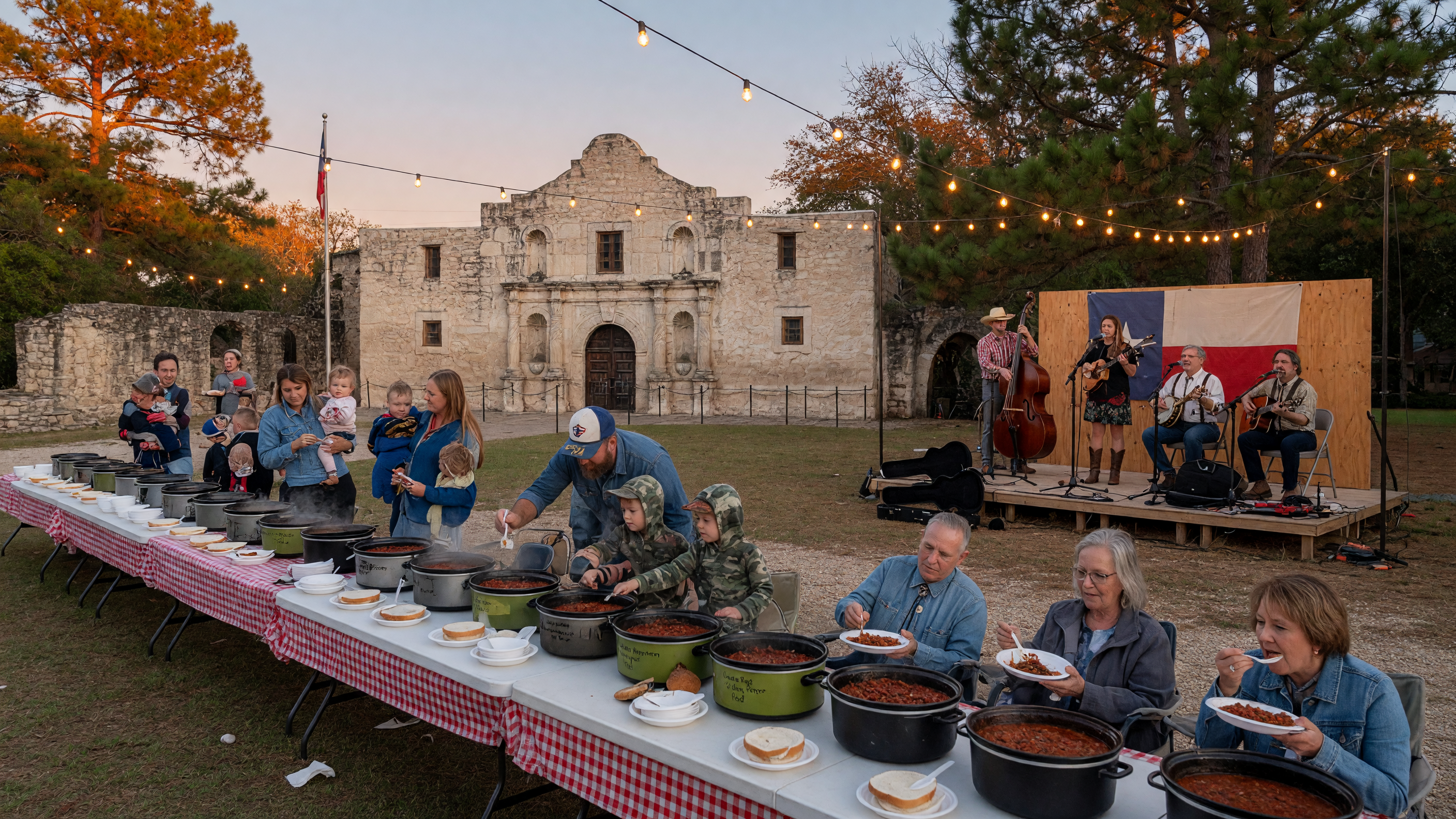 A warm evening at a Texas county fair with carnival lights, arena, and families walking between vendors