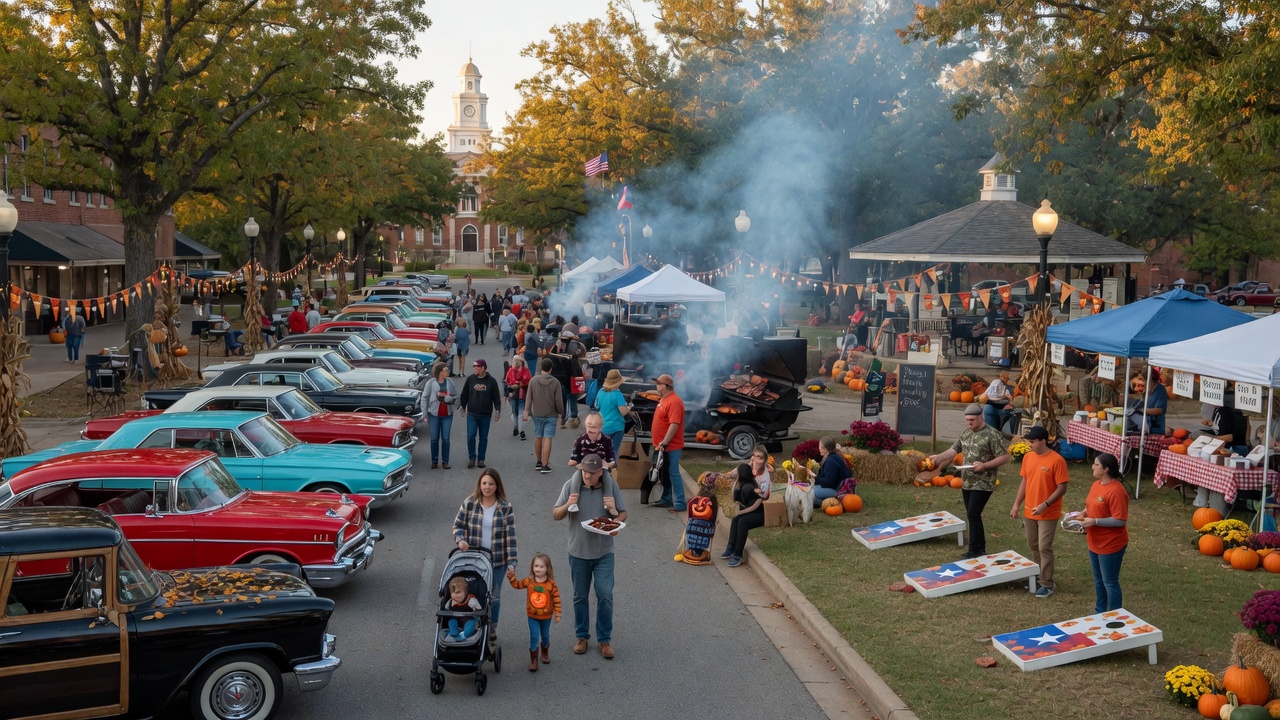 An outdoor gathering at a rustic arts center with cowboy culture, a performer on a small wooden stage, and an East Texas audience in golden-hour light