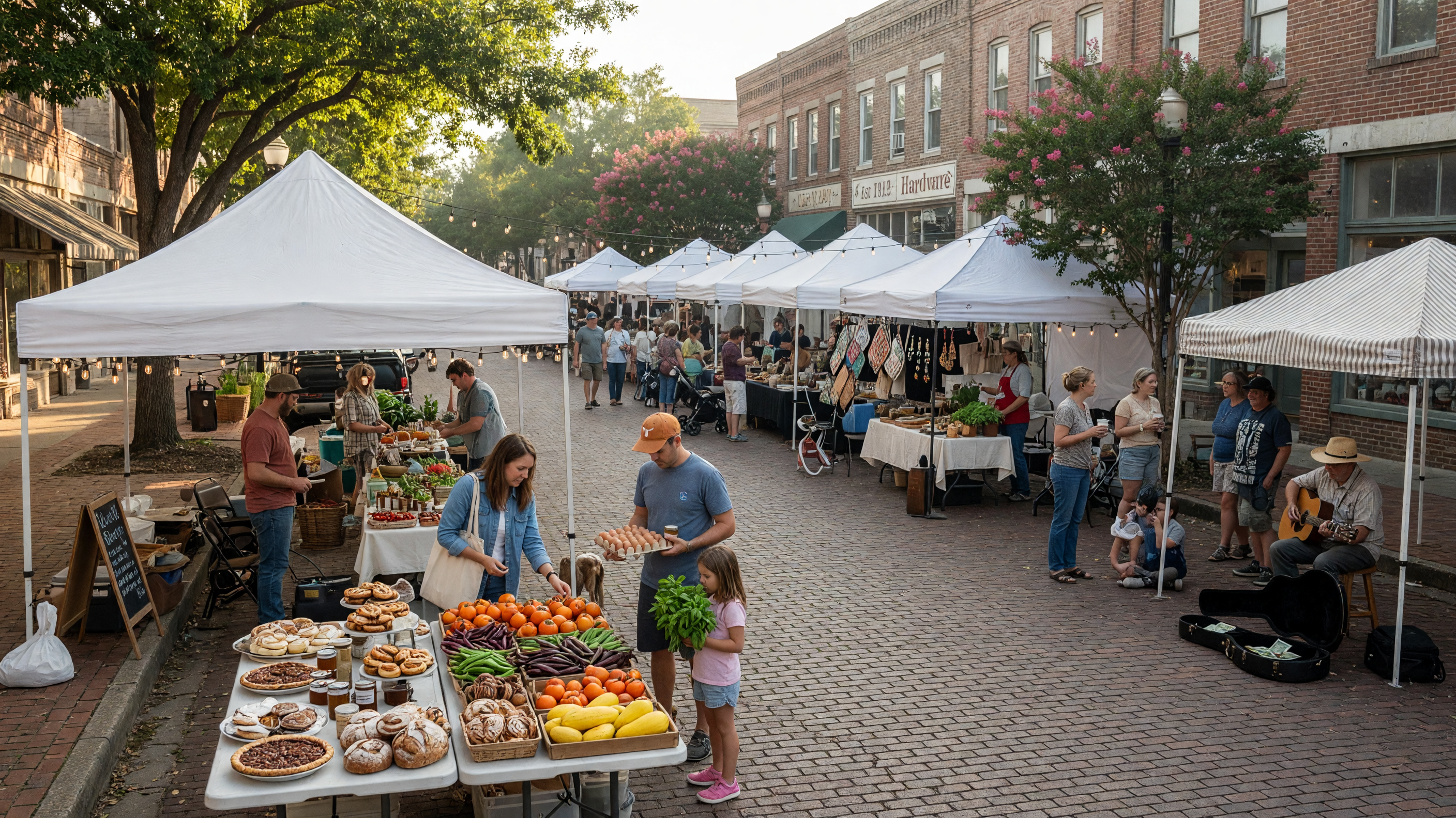 A charming farmers market on a Saturday morning in a small East Texas town with white canopy tents, families browsing local produce and crafts, and string lights overhead