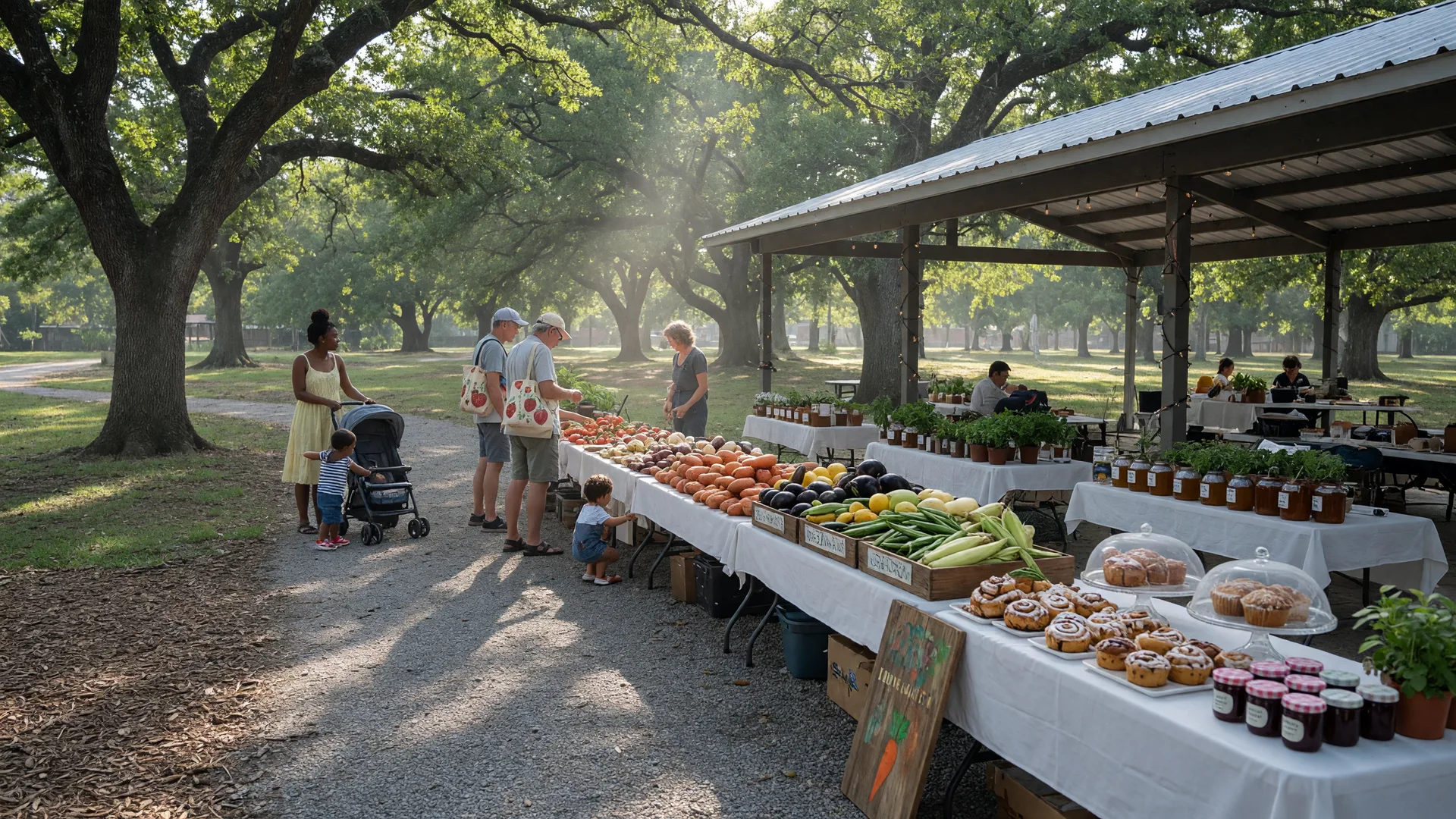 A bright Saturday morning farmers market at a small town park with vendor tables under shade trees, families browsing fresh produce and crafts