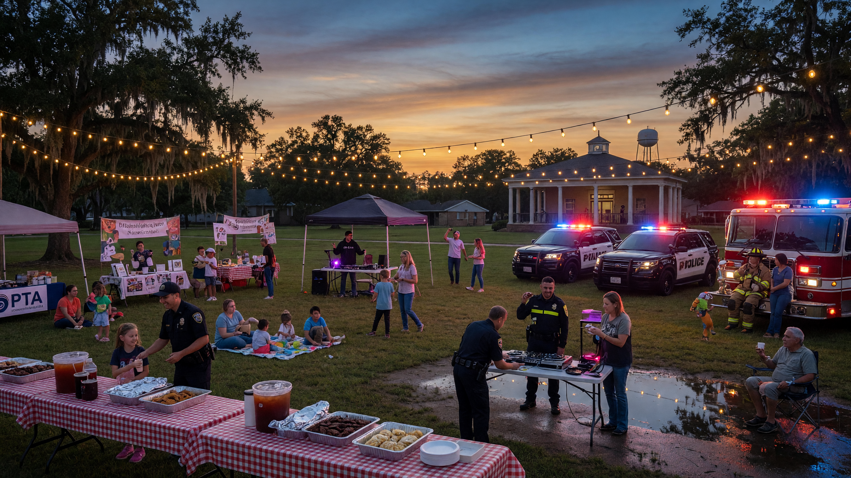 An evening community gathering at a small Texas town park with emergency vehicles, families interacting with first responders, and festive lighting on a warm October evening