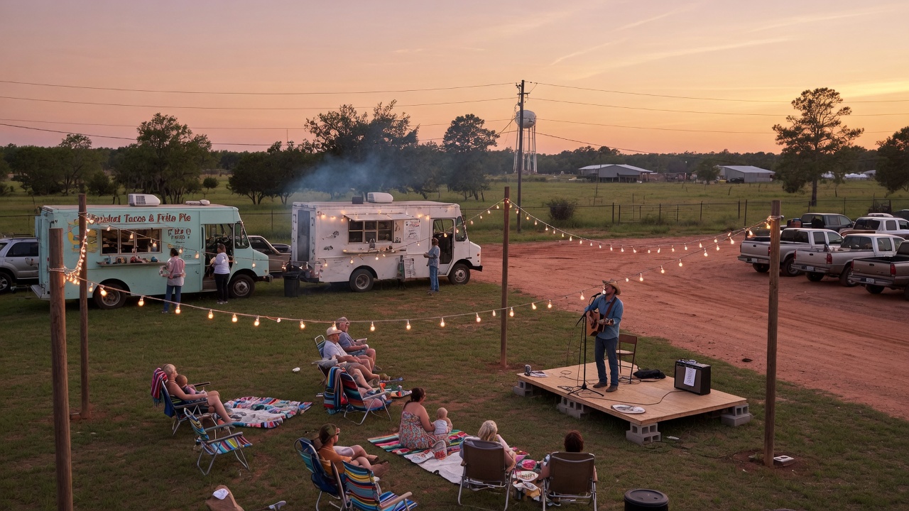 A warm outdoor music festival in a small East Texas town at golden hour with string lights, a stage, and a relaxed crowd