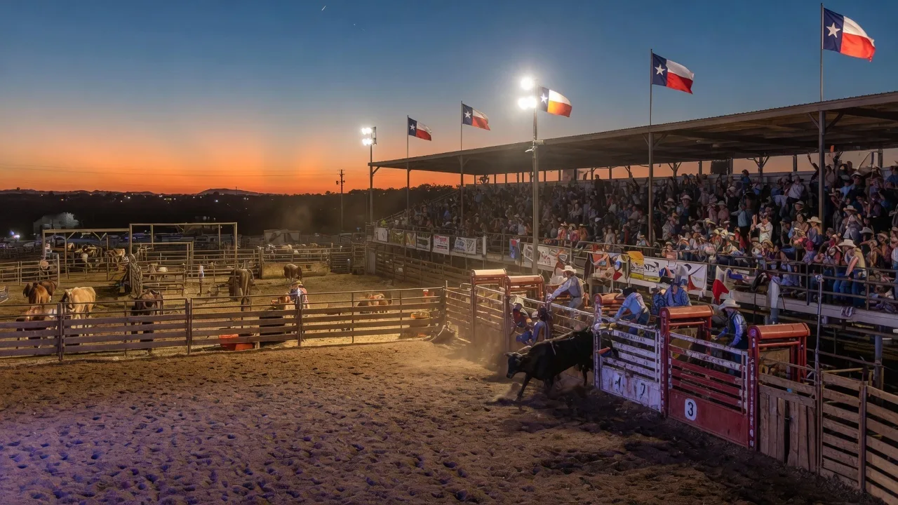 A Texas rodeo arena at dusk with floodlights, grandstand crowd, bucking chutes, and Texas flags under a twilight sky