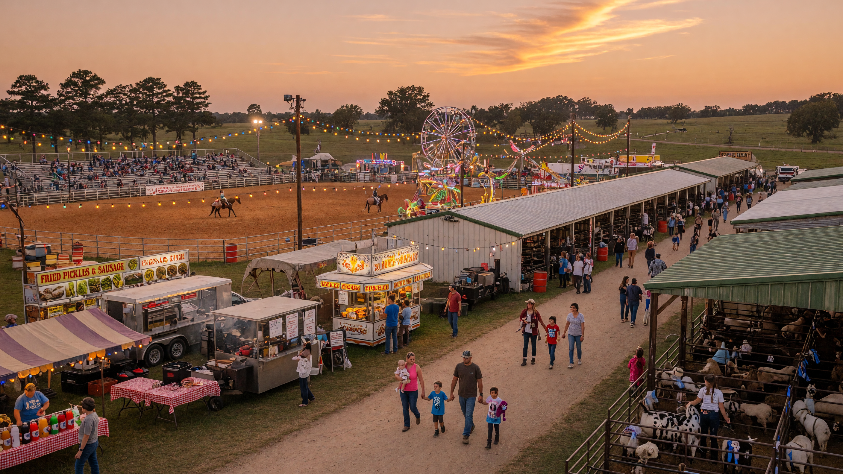 A rustic outdoor chili cookoff event at a replica Alamo Mission with families, bluegrass musicians, and string lights