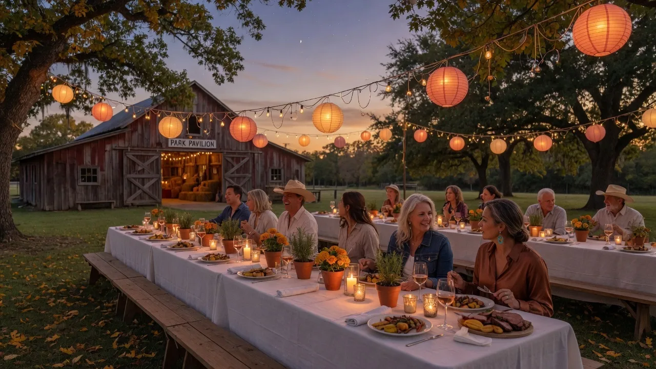 An elegant outdoor farm-to-table dinner under string lights at dusk in a small Texas town park, with long wooden tables, candles, and guests gathered for a meal