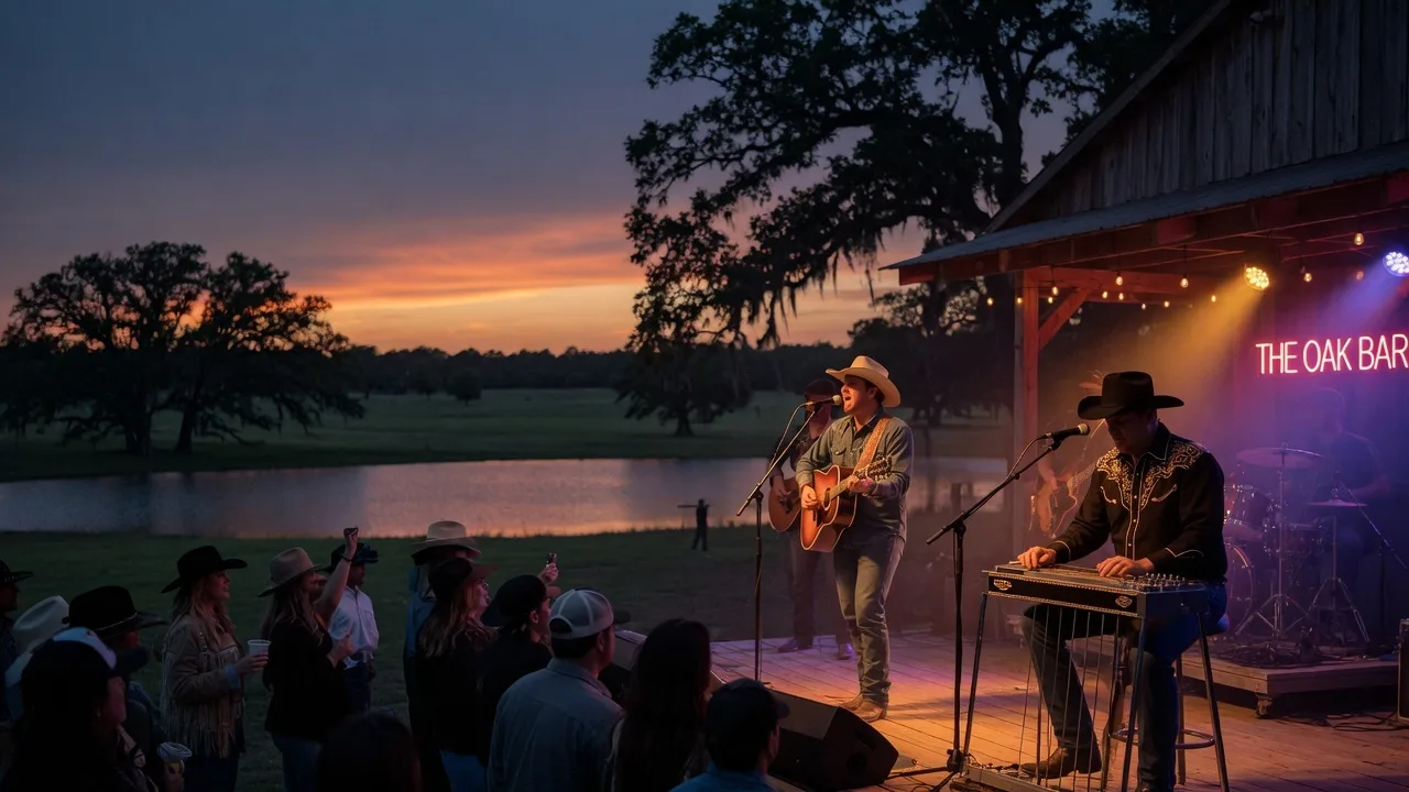 A live Texas country music concert at an outdoor venue with a band on a rustic stage under warm stage lights, rural lake landscape in the background at twilight