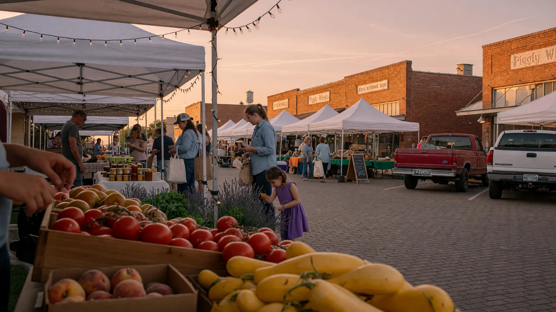 A warm golden-hour farmers market on a quiet downtown street with white canopy tents, string lights, and families browsing fresh produce