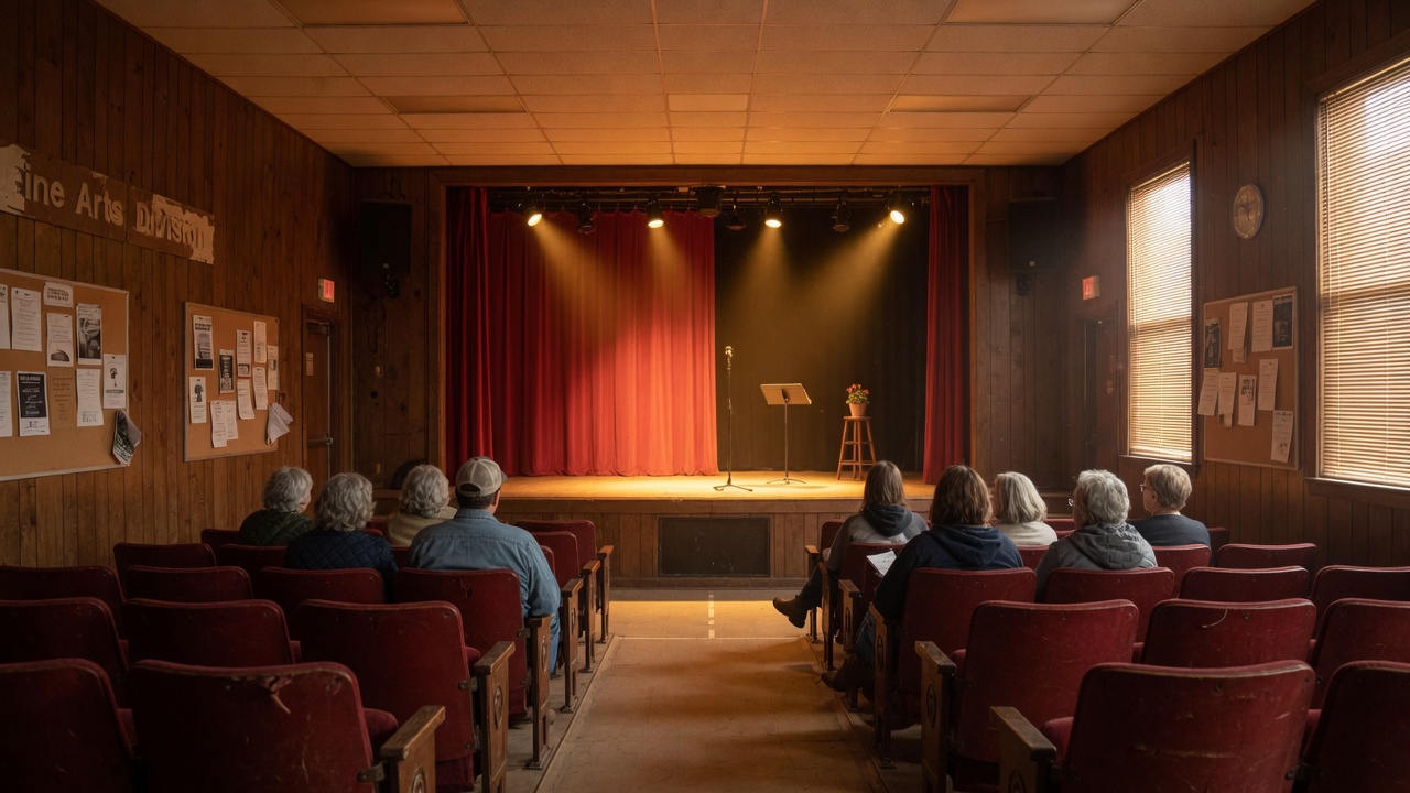 A warm-lit performing arts theater auditorium with red velvet seats and a lit stage at a community college