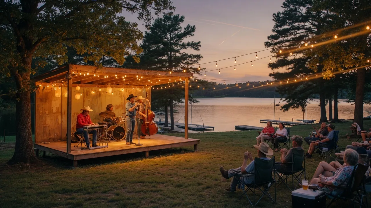 Live Texas country music concert at an outdoor lakeside venue with a band on stage, string lights overhead, and a warm dusk sky