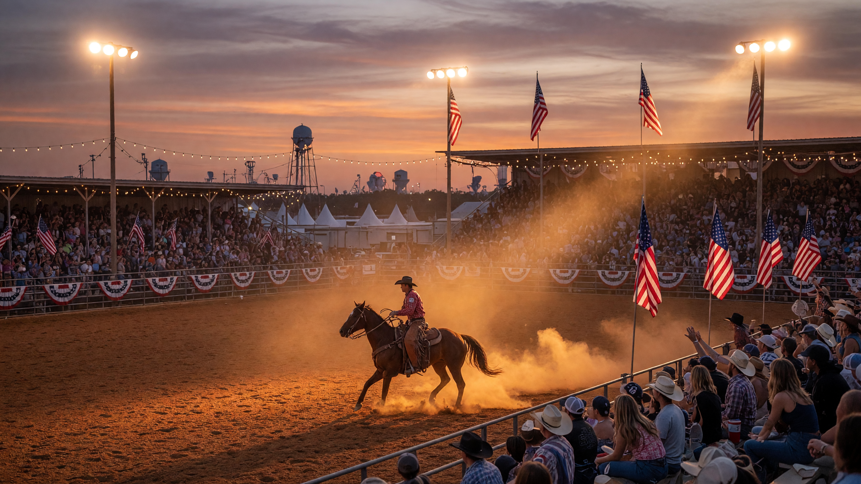 A professional rodeo event at a Texas fairground arena with a cowboy on horseback, spectators in the grandstands, and bright arena lights illuminating the dirt arena at dusk