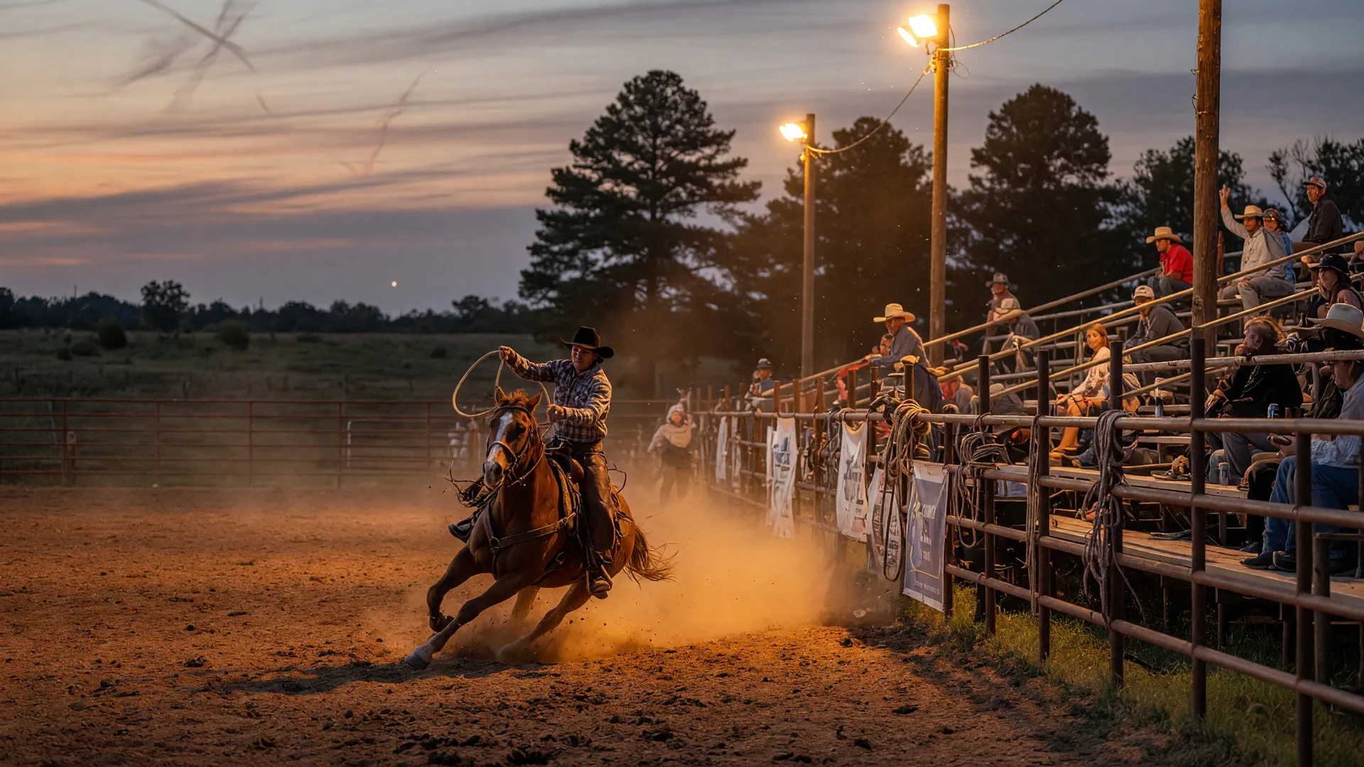 A professional rodeo in a dirt arena at dusk with a cowboy on horseback, bright arena lights, and spectators in bleachers