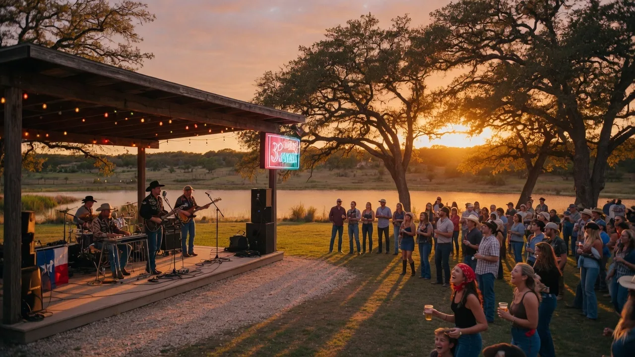 An outdoor Texas country music concert at dusk with a live band on a covered stage, string lights, and an audience gathered on the lawn near a lake