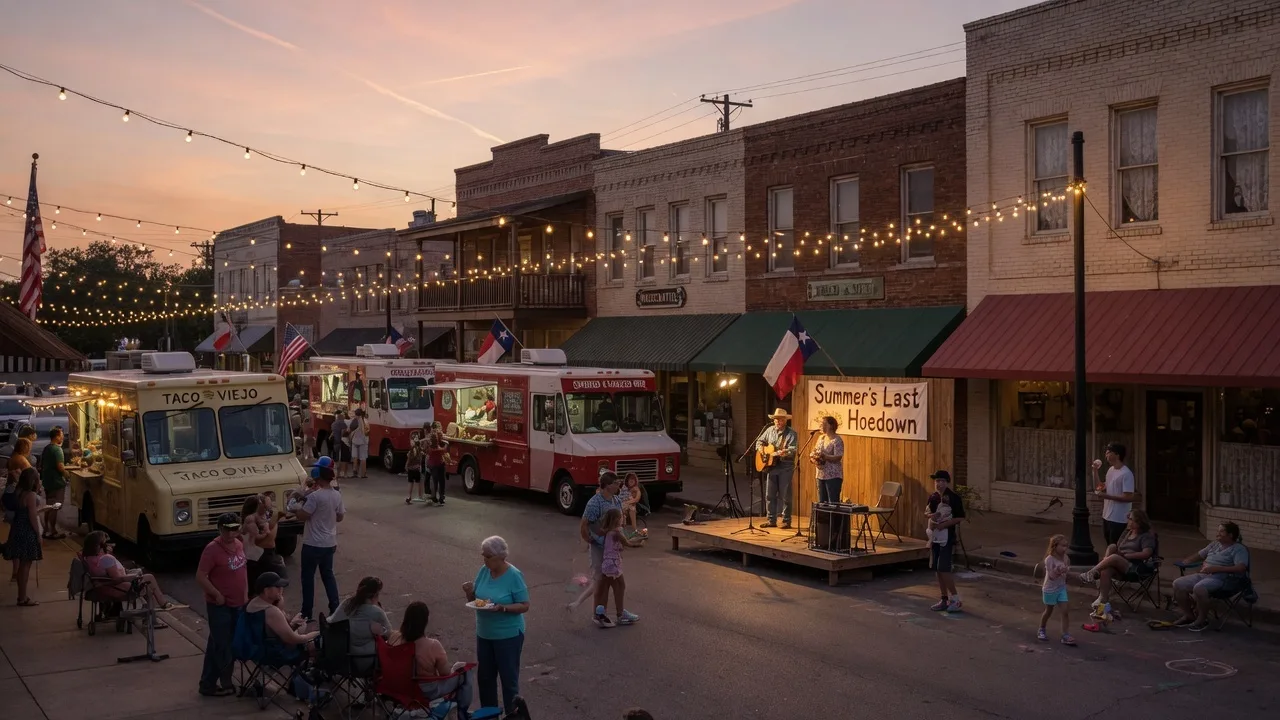 An evening street festival in a small Texas town with string lights, a stage with live music, food trucks, and families gathering on a downtown street