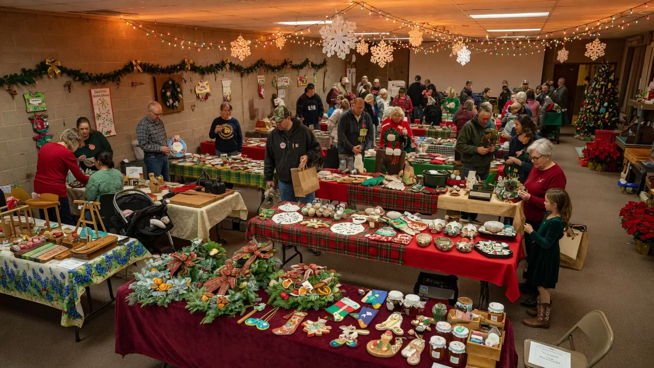 A warm indoor holiday bazaar at a civic center with vendor tables displaying handmade crafts and Christmas decorations