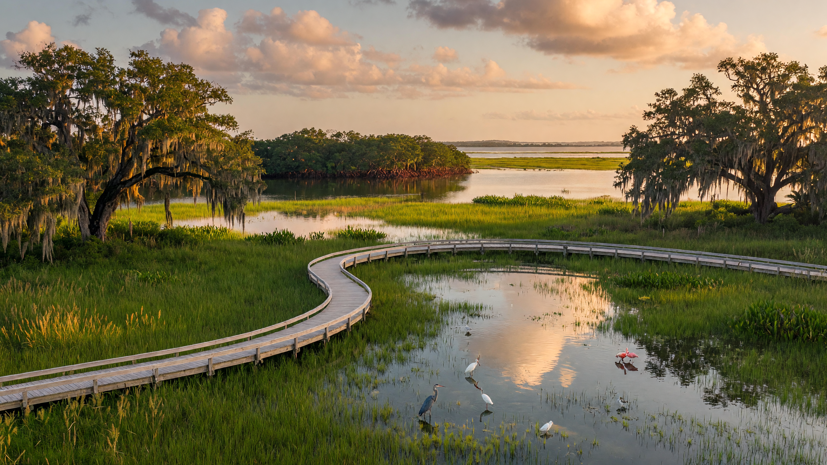 Florida Gulf Coast wetland nature preserve at golden hour with boardwalk trails