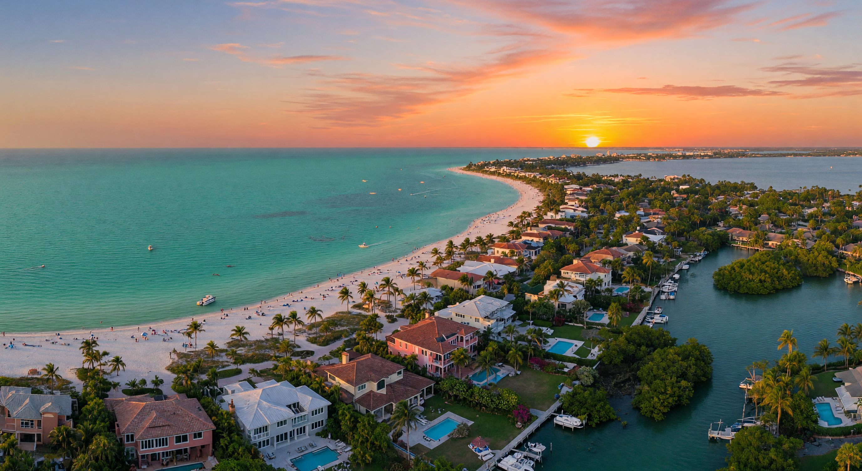 Aerial view of Sarasota waterfront at golden hour