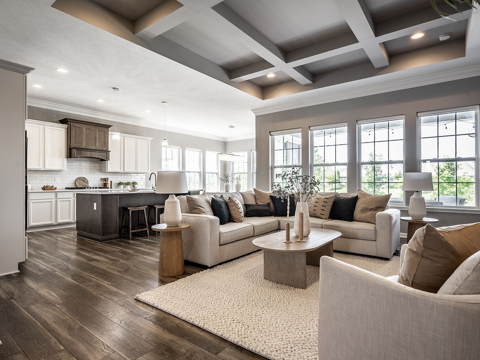 Open-concept living room and kitchen with coffered ceiling and dark hardwood floors