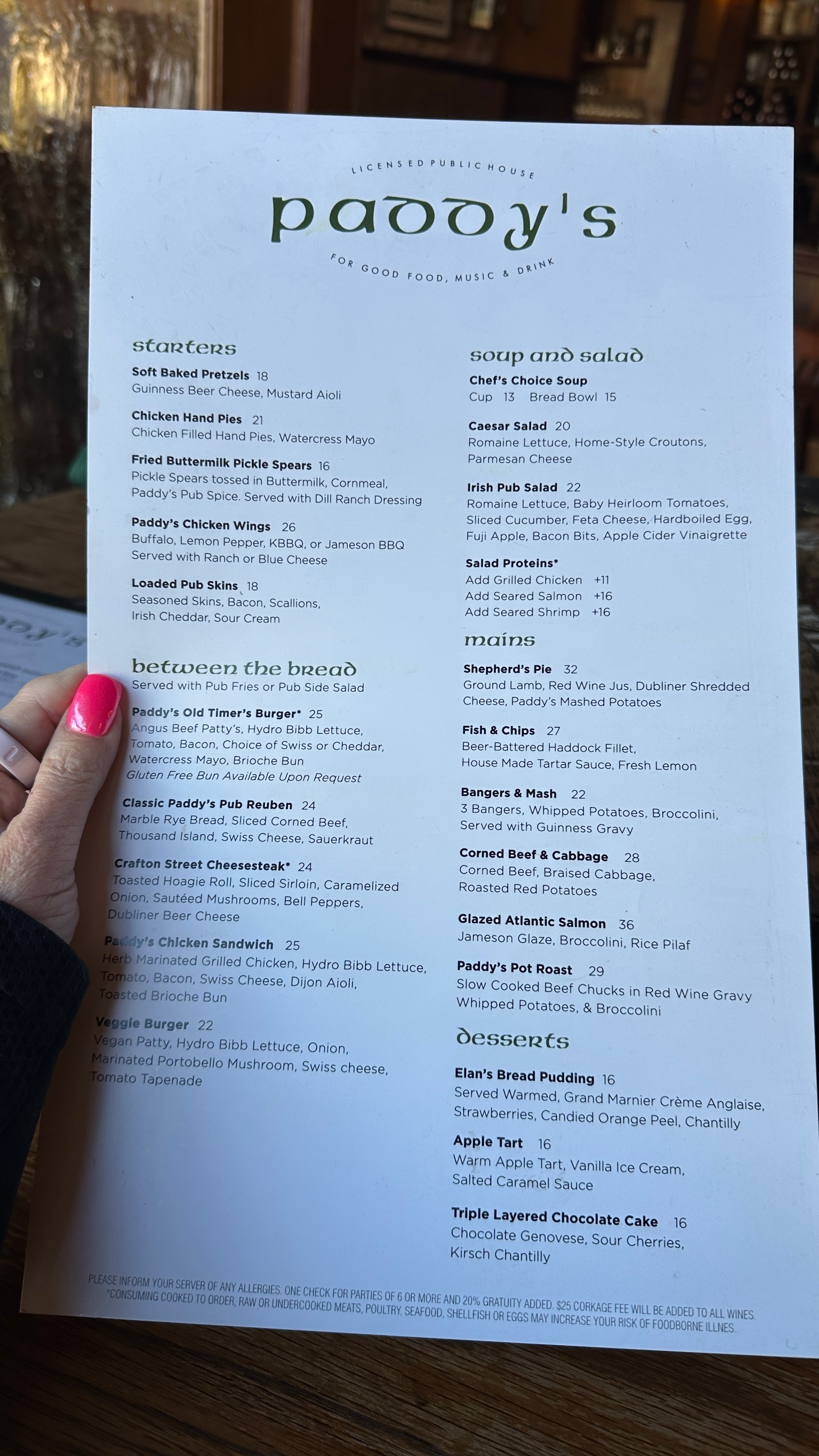 Paddys Irish Pub menu at Château Élan Braselton Georgia
