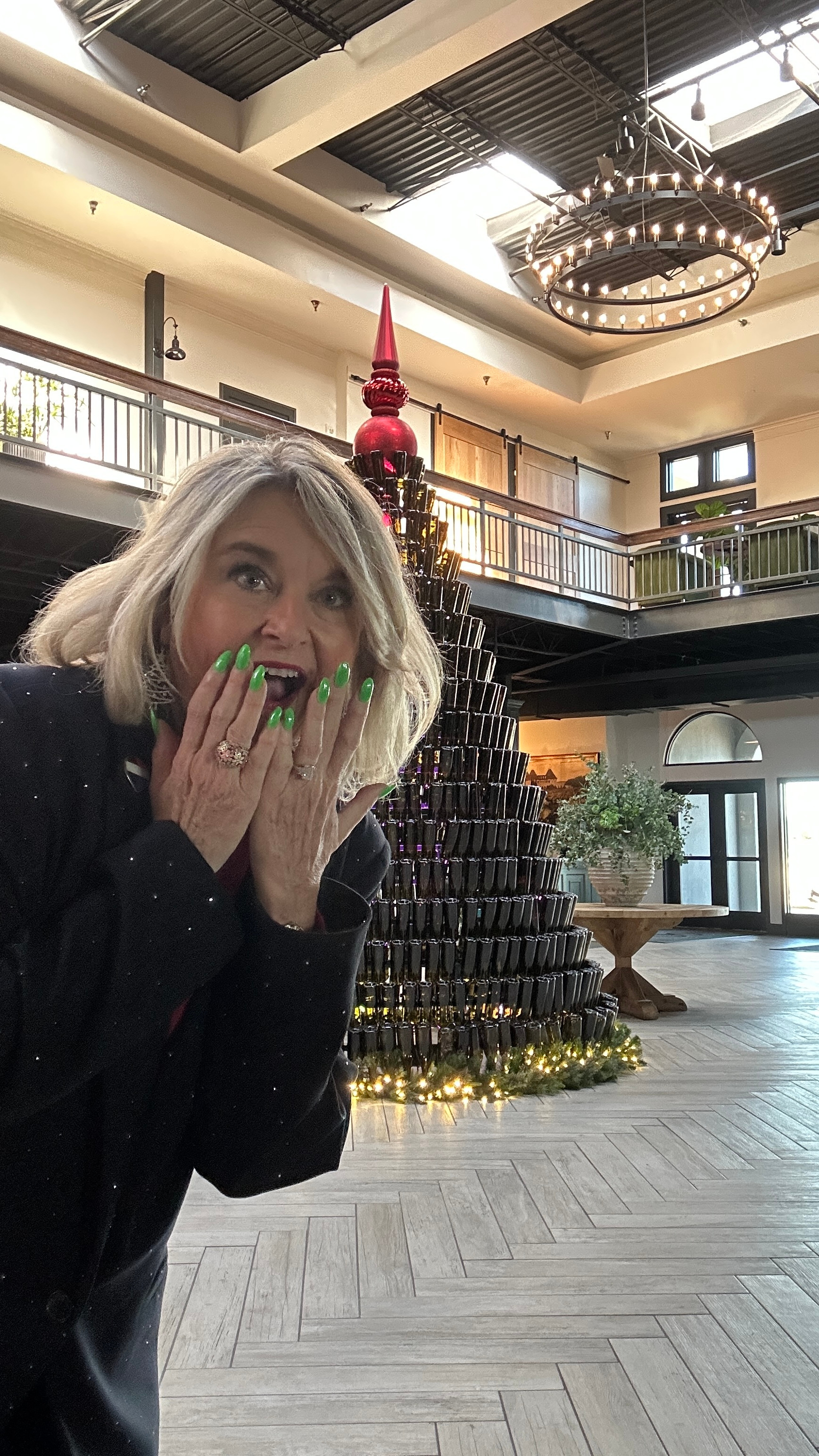 Wine bottle Christmas tree at Château Élan Resort atrium Braselton Georgia