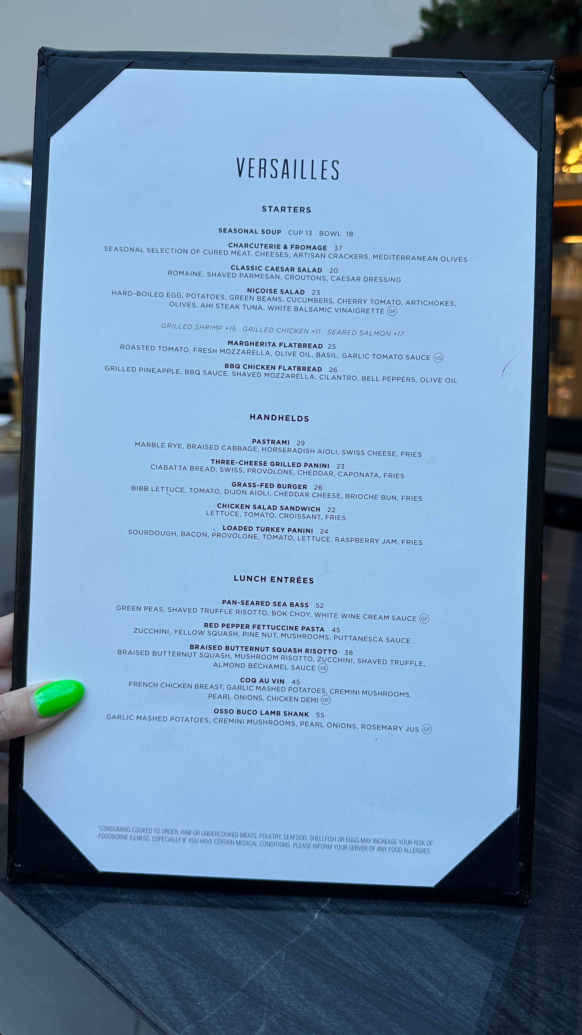 Versailles restaurant menu at Château Élan Braselton Georgia