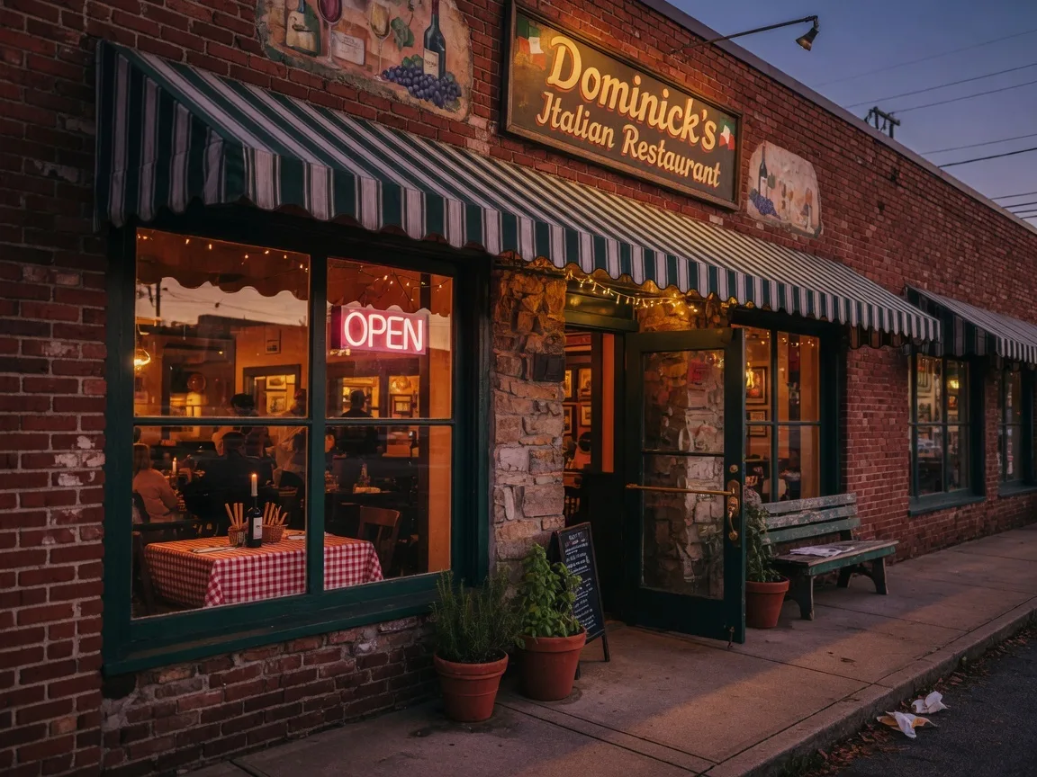 Dominick's Italian Restaurant storefront in Buford Village, a family-owned Buford Georgia institution since 1996 near Apalachee Farms