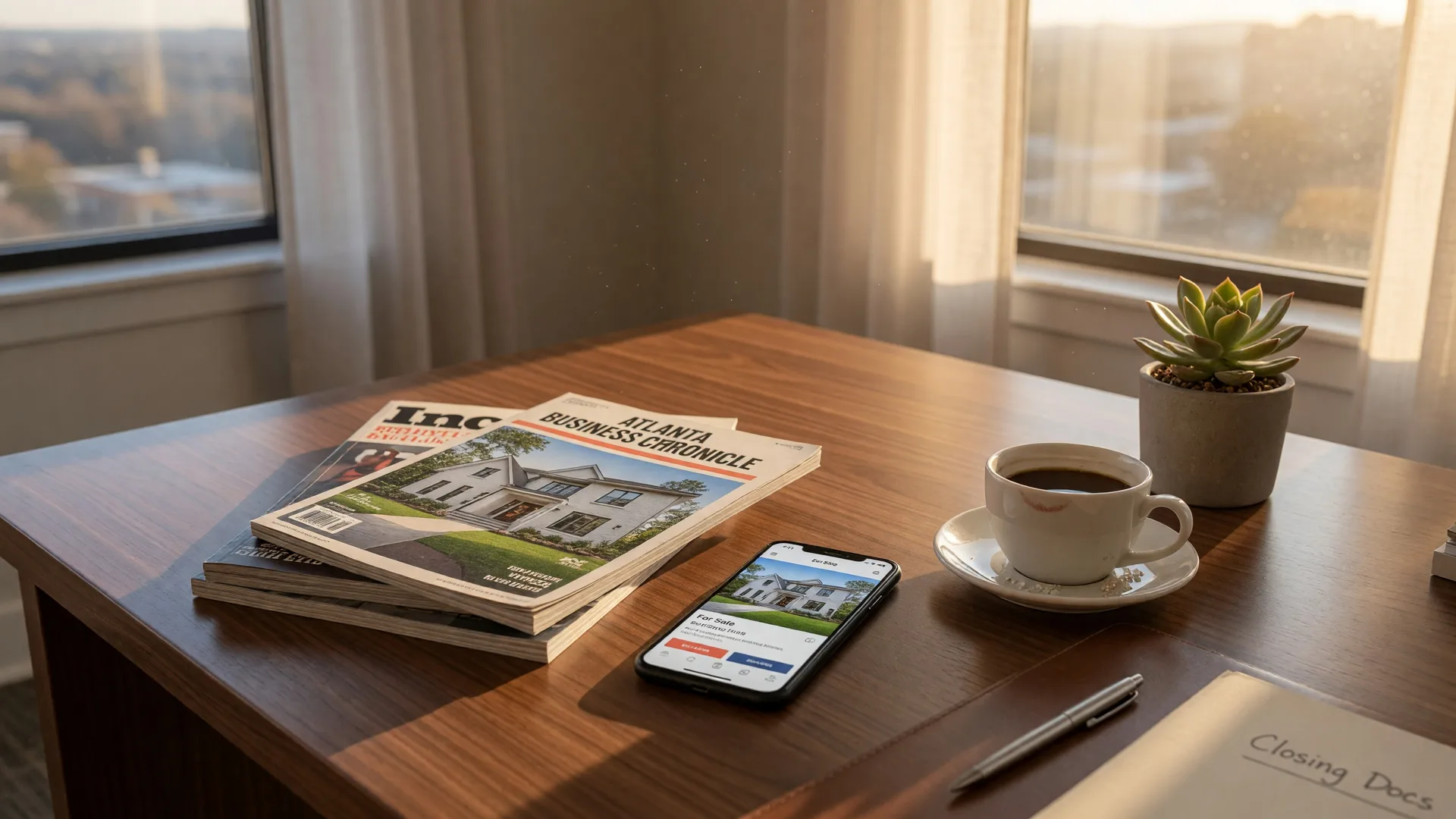 Professional editorial desk scene with magazines and smartphone in a real estate office setting