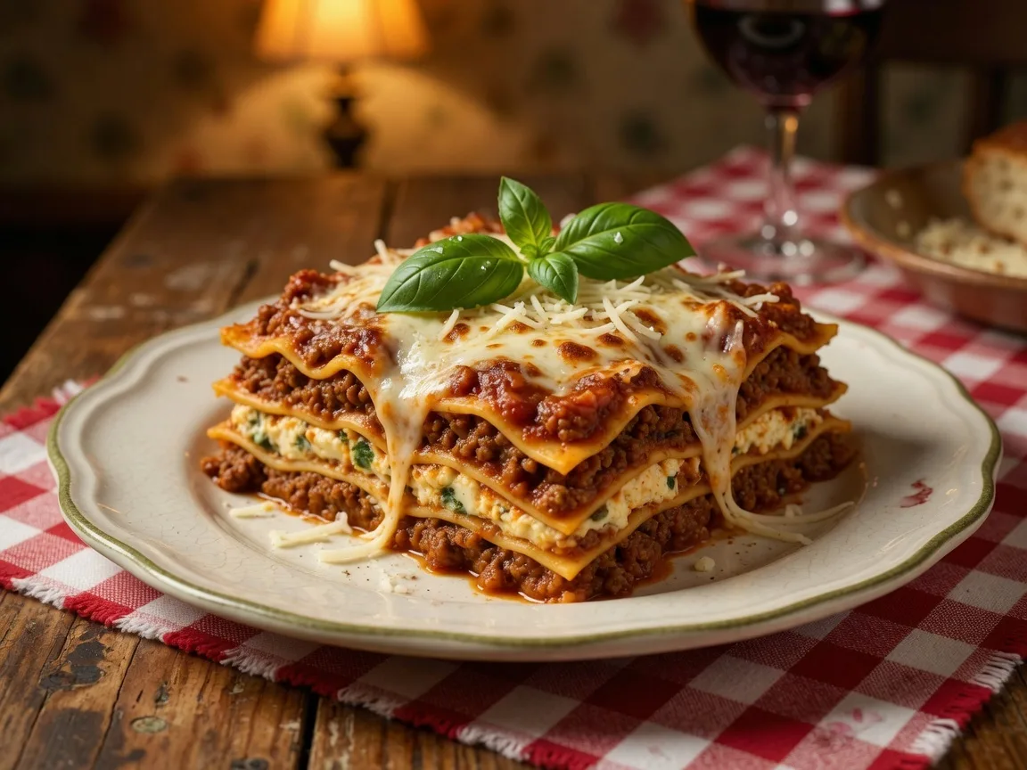 Classic Italian lasagna at Dominick's in Buford Georgia, a house specialty featuring layers of pasta, Bolognese, and melted mozzarella