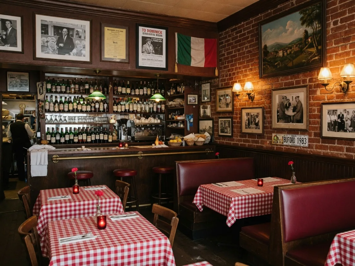 Cozy dining room interior of Dominick's Italian Restaurant in Buford Village, warm ambiance with classic Italian decor near Apalachee Farms