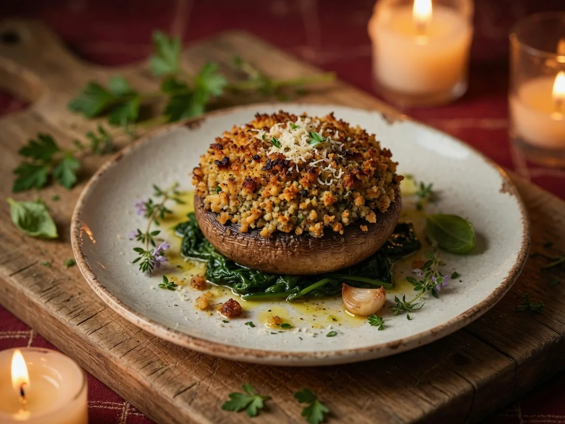 Stuffed mushrooms appetizer at Dominick's Italian Restaurant in Buford Georgia, golden-brown and garnished with fresh herbs