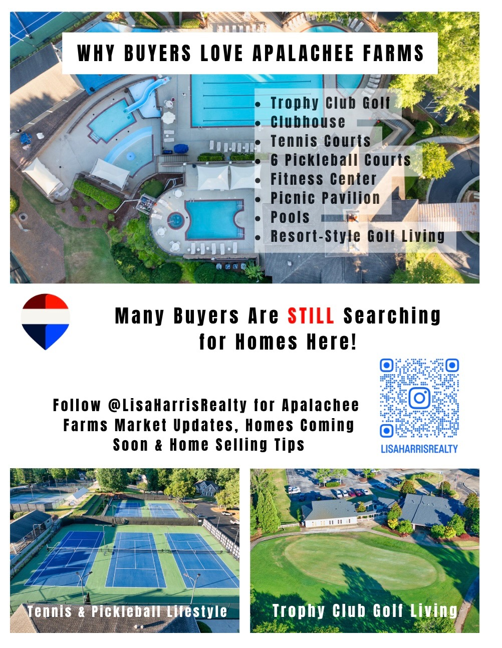 Apalachee Farms properties sold overview by Lisa Harris, showcasing 909 Pathview Ct in The Oaks with pool and 1090 River Valley Dr in The Terraces with brick facade