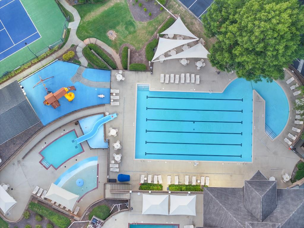 Drone view of the Apalachee Farms pool and amenity complex in Dacula Georgia