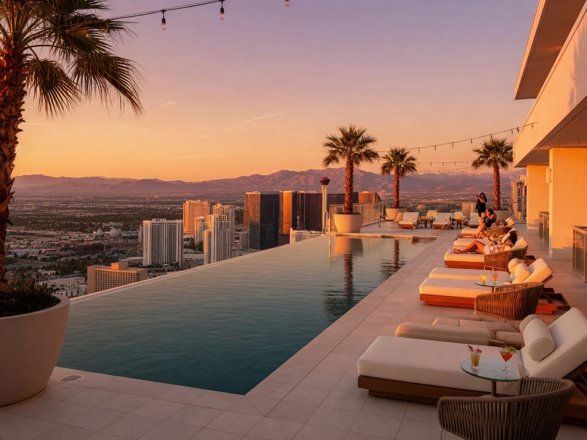 Interior of a luxury Las Vegas Strip condo with floor-to-ceiling windows and city views