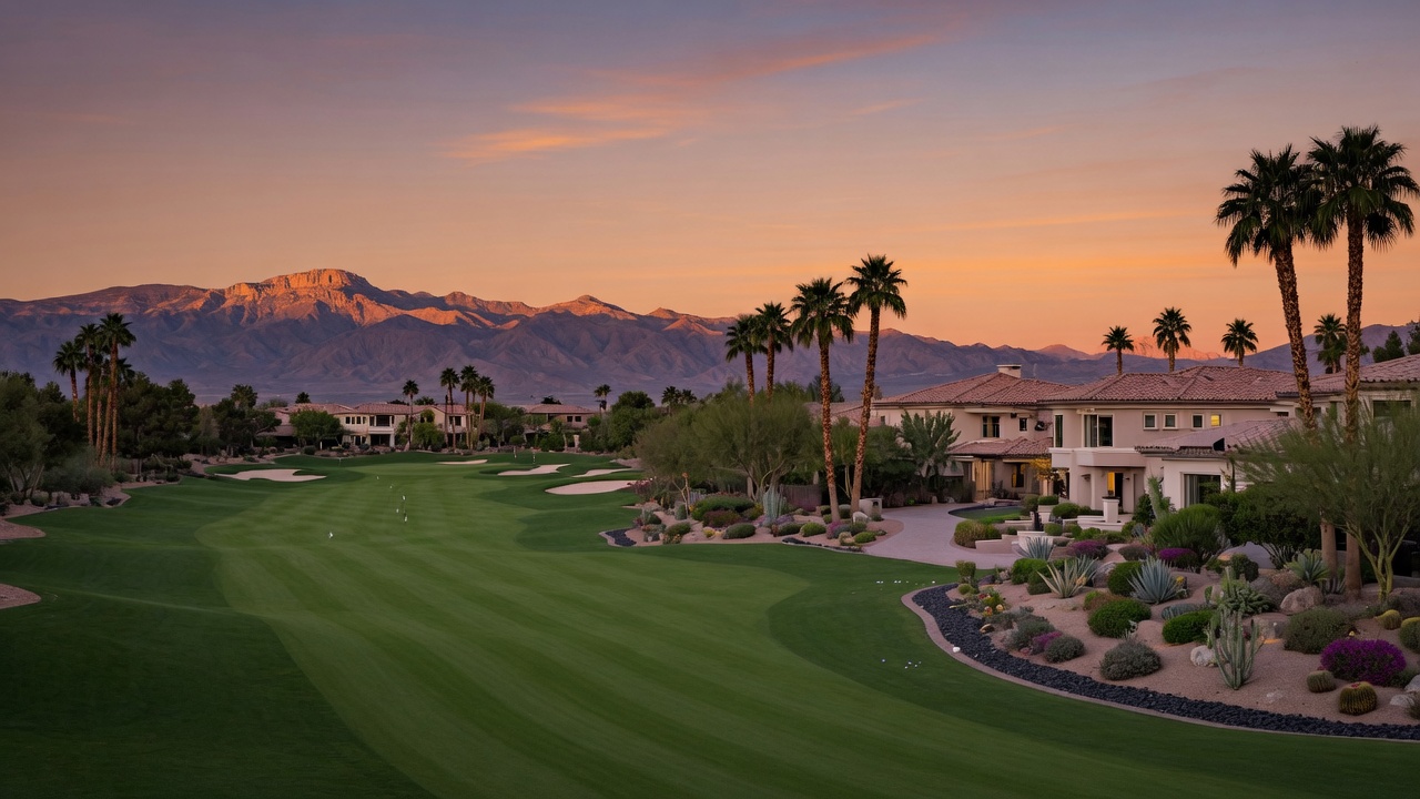 Aerial view of the Las Vegas valley at twilight with city lights glowing and mountains framing the horizon