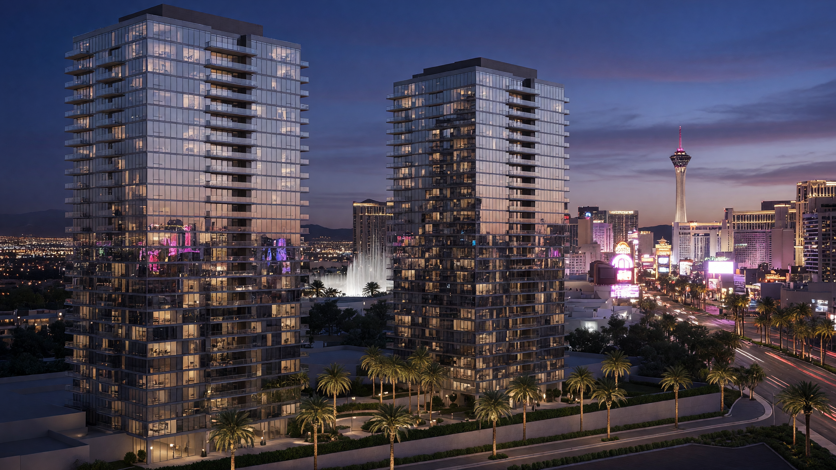 Rooftop pool at a luxury Las Vegas high-rise with panoramic skyline views
