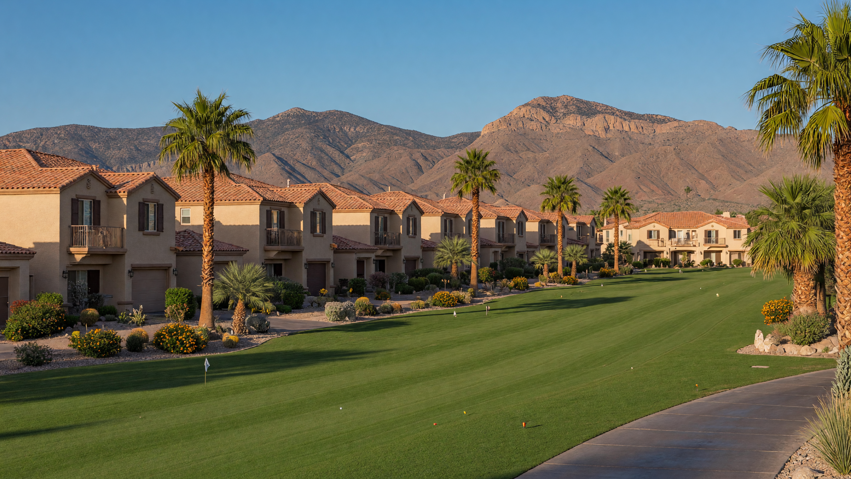 Rhodes Ranch golf course community in southwest Las Vegas with green fairways between stucco homes and the Spring Mountains in the background