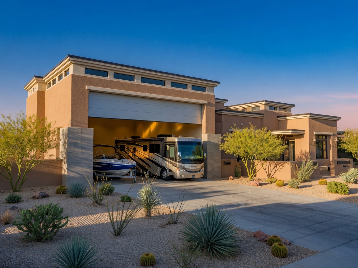 Modern Las Vegas home with a large RV garage housing a recreational vehicle in a desert community