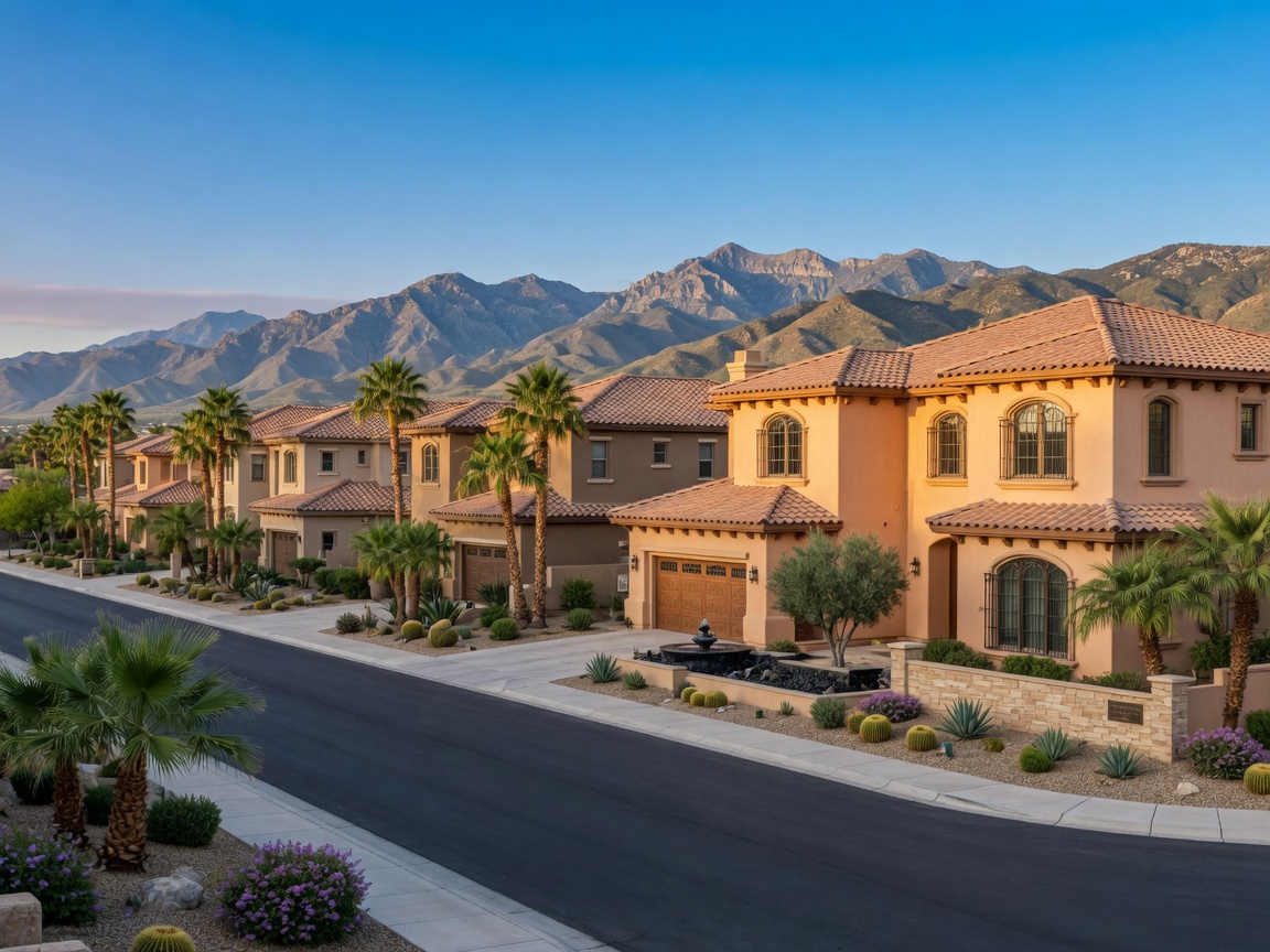 Upscale residential neighborhood in Southwest Las Vegas with mountain views and palm-lined streets