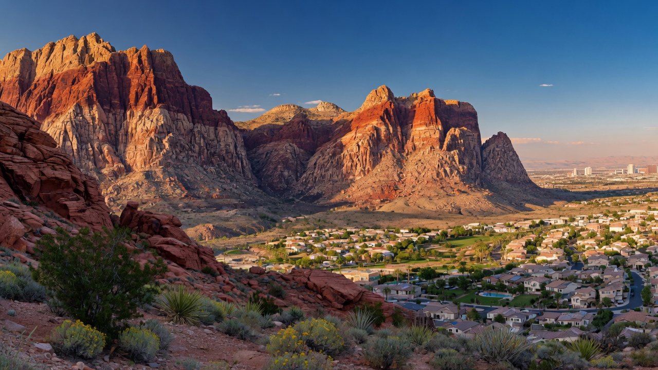 Golden hour view of Las Vegas with the Strip skyline and desert mountains