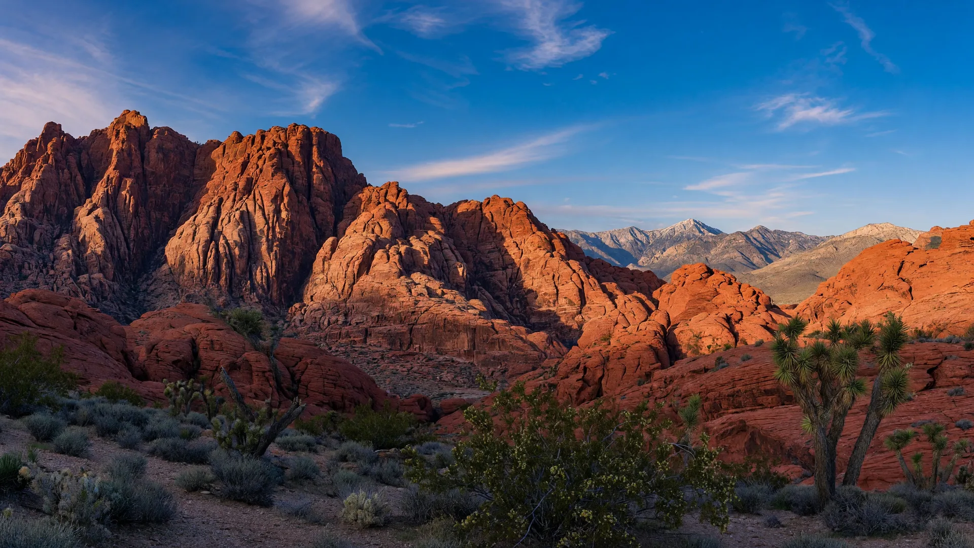 Red Rock Canyon desert landscape near Las Vegas with towering sandstone cliffs and mountain views at golden hour