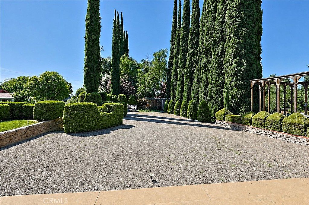 Gravel driveway lined with cypress trees leading to the estate