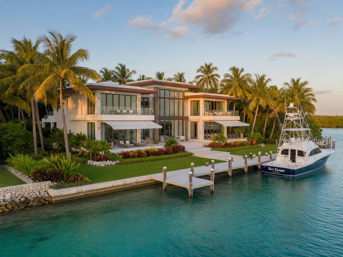 Aerial view of luxury waterfront estates along a turquoise canal in the Florida Keys