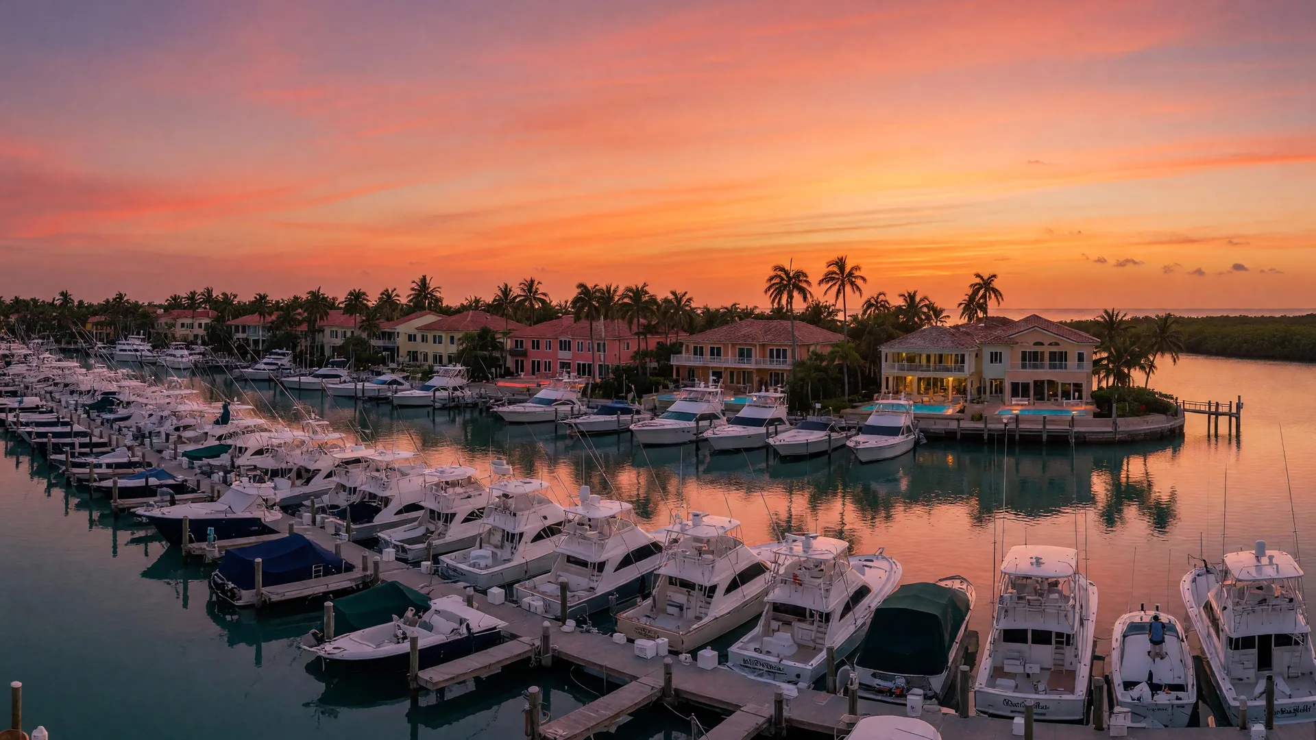 Luxury yachts moored at a Florida Keys marina at sunset