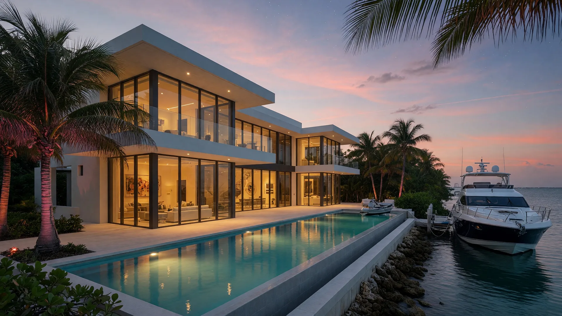 Magnificent waterfront mansion at twilight with infinity pool