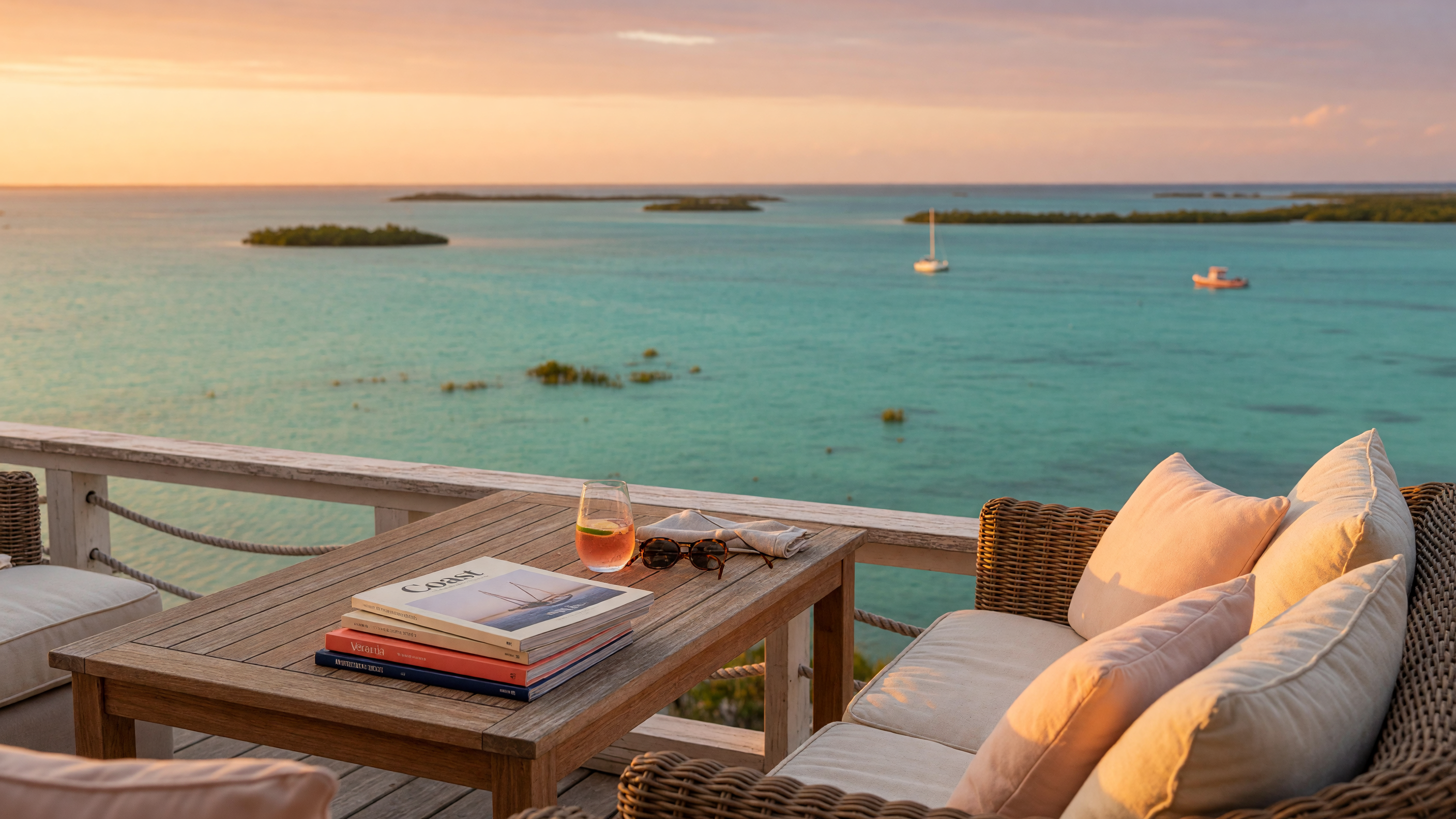 Luxury waterfront terrace overlooking a pristine bay in the Florida Keys at golden hour
